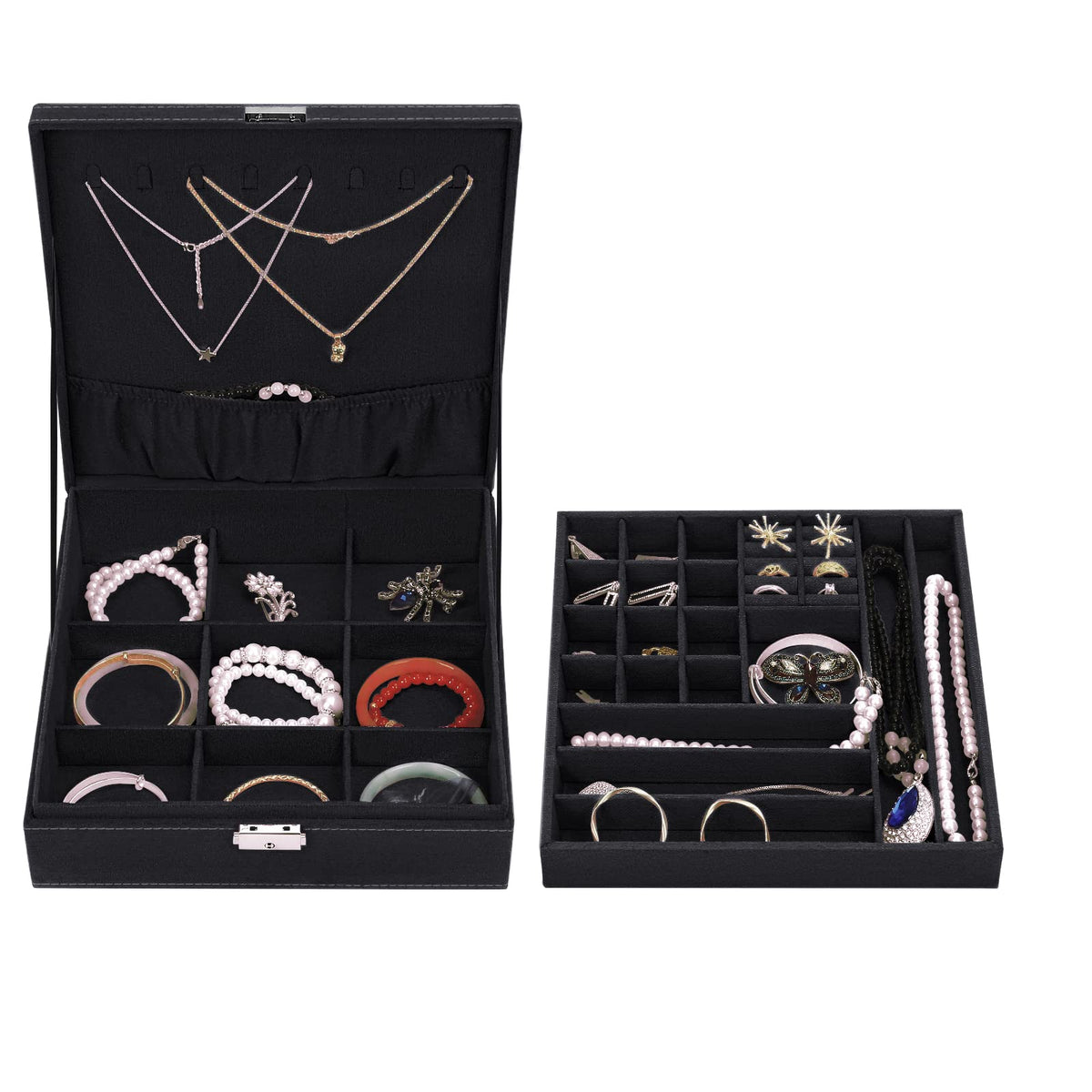 MOSISO Jewelry Box, Jewelry Storage Case Organizer Stackable Double Layer Lockable Display for Women Velvet Necklace Earring Bracelet Ring Watch Brooch Holder, Black
