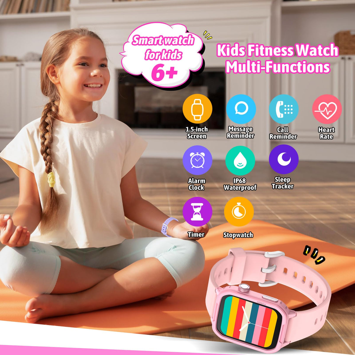Smart Watch for Kids No Phone Needed, Tempered Glass Fitness Tracker Boy Teens with 19 Sport Modes, Pedometer, Sleep Monitor, Kids Watch Birthday Gifts Toy Gift for Girls Boys 6-16 (Pink)