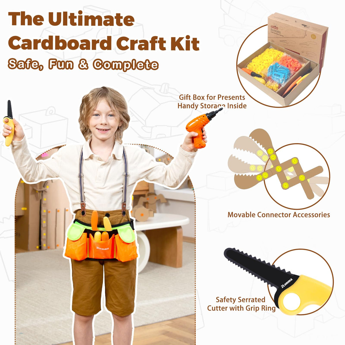 ZLemma Cardboard Construction Kit - 401 PCS Kids Building Set with Safe Serrated Cutter, Crease Roller, Screws & Nuts, STEM Upcycled Tool for DIY Cardboard Projects, Engineering & Creativity