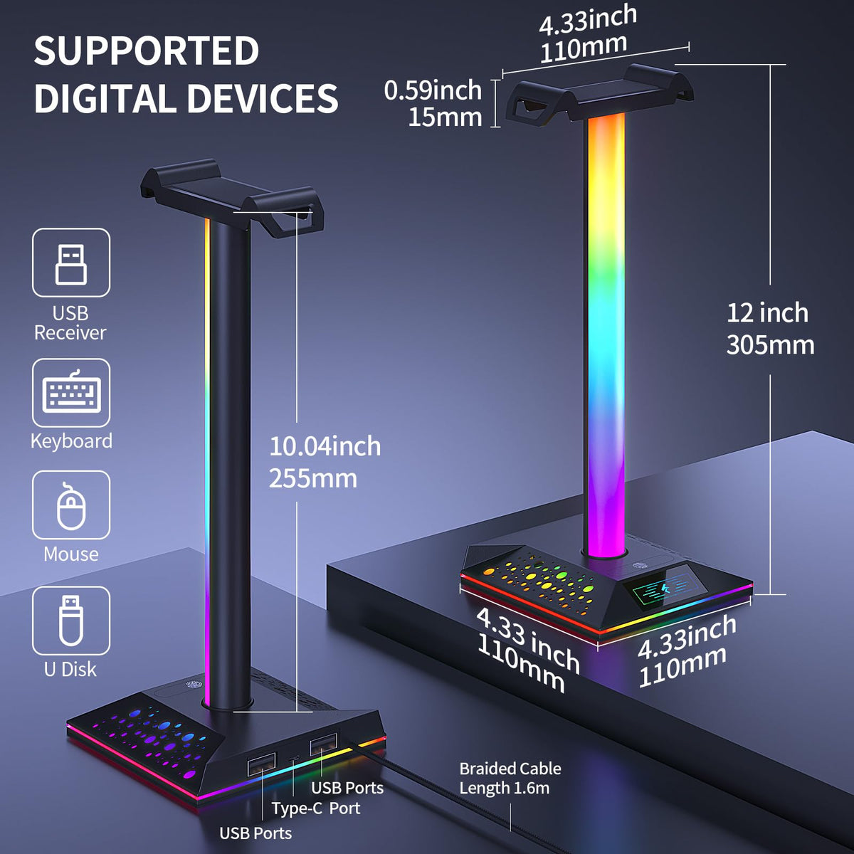 Xergur Gaming Headphone Stand PC Accessories - RGB Headset Stand with 2 USB Charger, Cool LED Headphone Holder PC Gaming Accessories for Boys Men Gamers, Computer Game Hardware for Desk