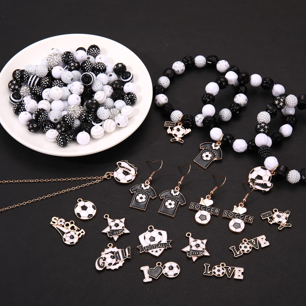 2500PCS+ Soccer Beads Charms for Bracelet Making Black White Acrylic Crystal Heishi Clay Beads Enamel Soccer Ball Jersey Charms for Game Day Bracelet Necklace Earrings Making DIY Crafts (Black White)