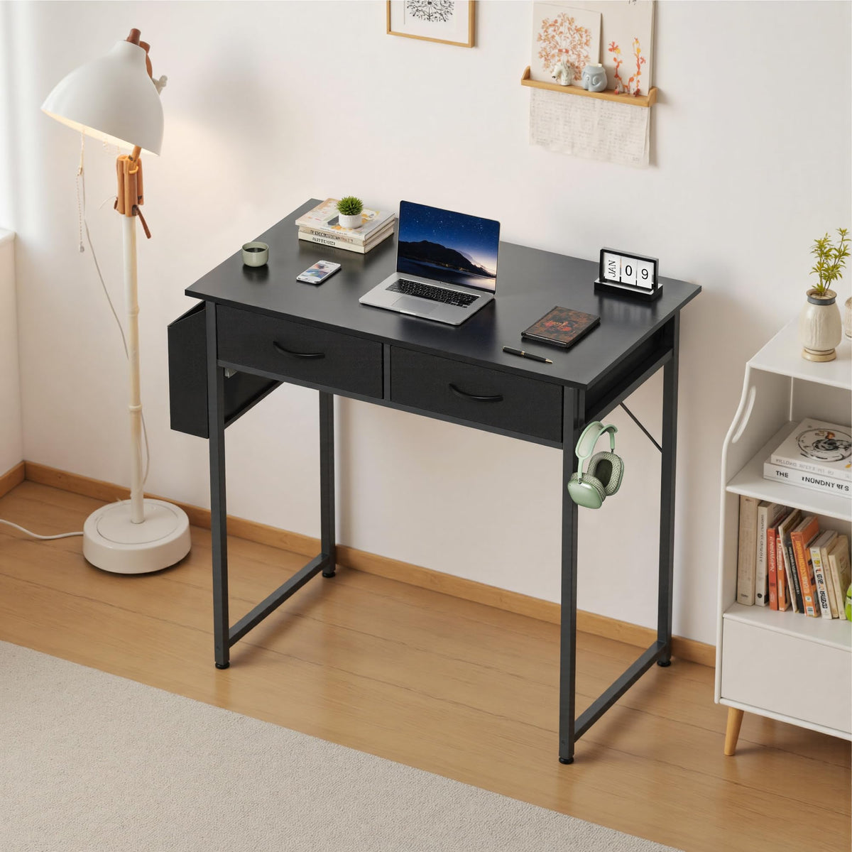 OLIXIS Small Desk with Fabric Drawers for Home Office, 32 Inch Gaming Computer Desk with Side Bag, Headphone Hook Writing Study Work Table for Bedroom Small Sapce, Chic Black
