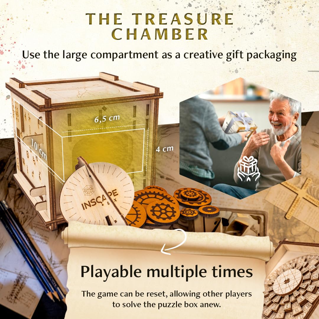 INSCAPE Da Vinci´s Marvel - Puzzle Box - Escape Room in A Box Game for Adults - Wooden Cluebox - Mind Puzzles for Adults - Puzzle Boxes with Hidden Compartments - Brain Teaser - Birthday Gift Gadget