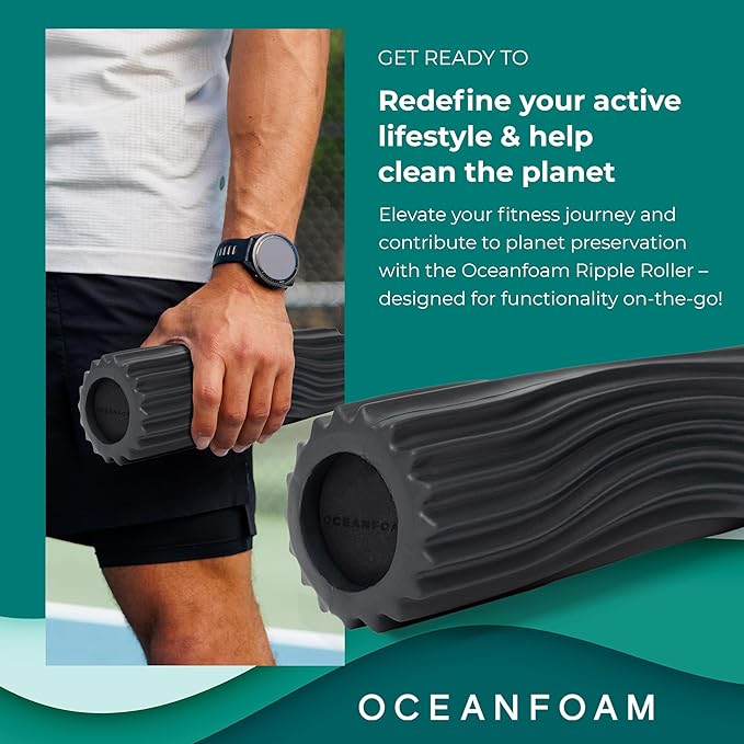 Oceanfoam Ripple Travel Foam Roller (11" x 3.35") Firm Mini Foam Roller for Physical Therapy, Deep Tissue Massage, Back Pain - High Density, Ergonomic Wave Textured, Yoga, Pilates, Exercise (Charcoal)