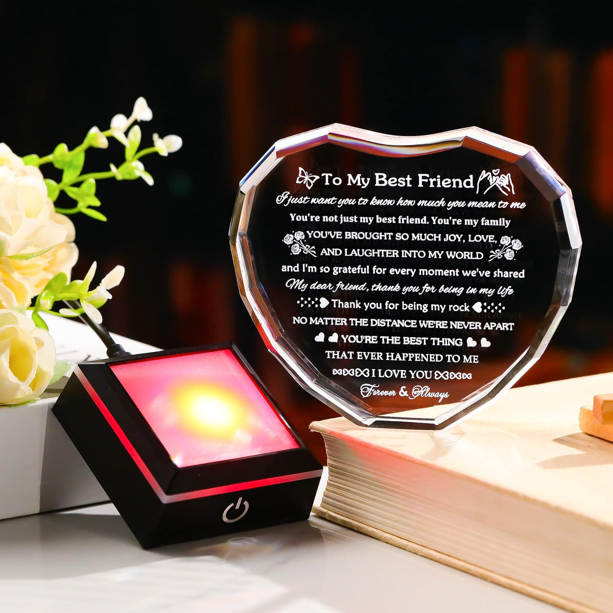 Arikyrist Best Friend Birthday Gifts with LED Base Crystal Heart Friendship BFF Gifts for Women Best Friend Bestie Gift Ideas for Women Gift for Female Friends on Christmas Wedding Valentine's Day