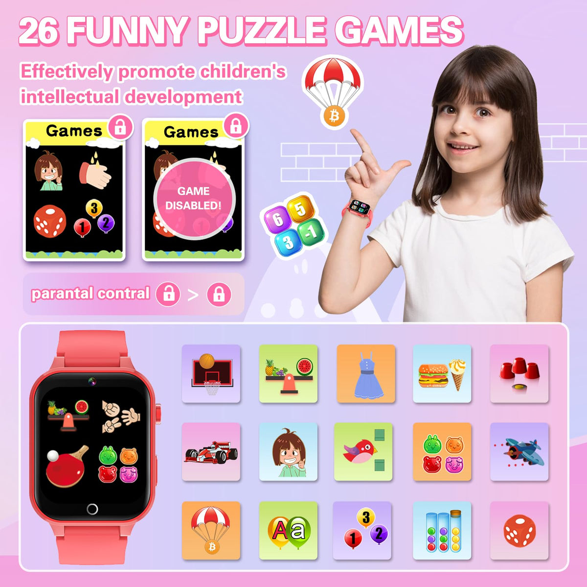 Vakzovy Kids Smart Watch Christmas Birthday Gifts for Girls Boys Age 6-12 with 26 Games Video Camera Music Pedomete Educational Toys Birthday Gifts for Girls Ages 5 6 7 8 9