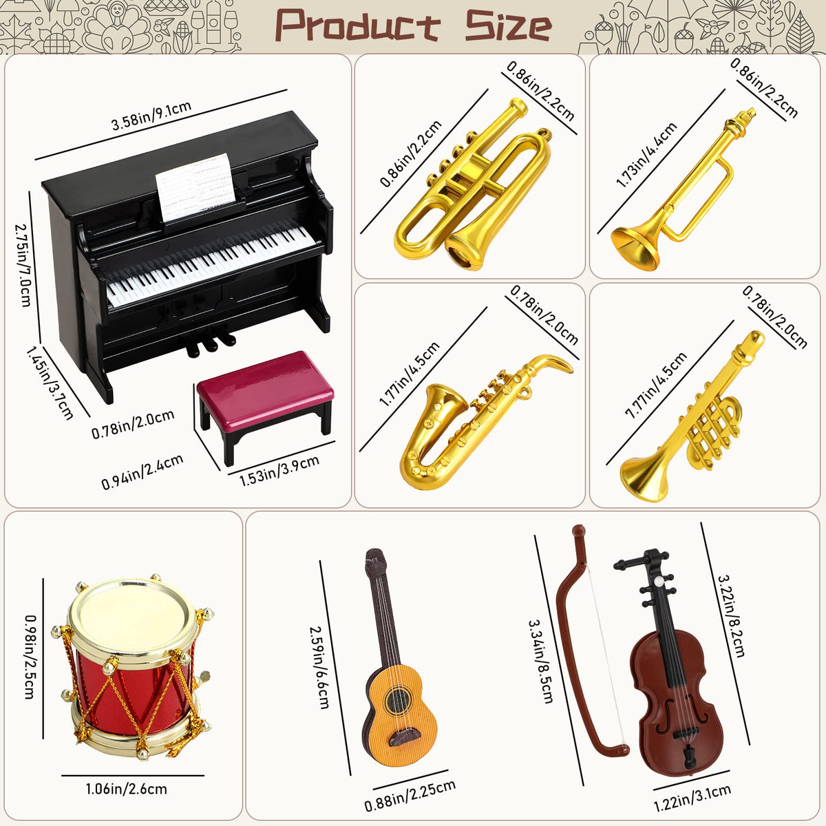 Dollhouse Miniature Musical Instrument Set in 1:12 Scale, Mini Dollhouse Musical Instrument Model Includes Violin Piano Trumpet Saxophone Electric Guitar, Model Accessory F