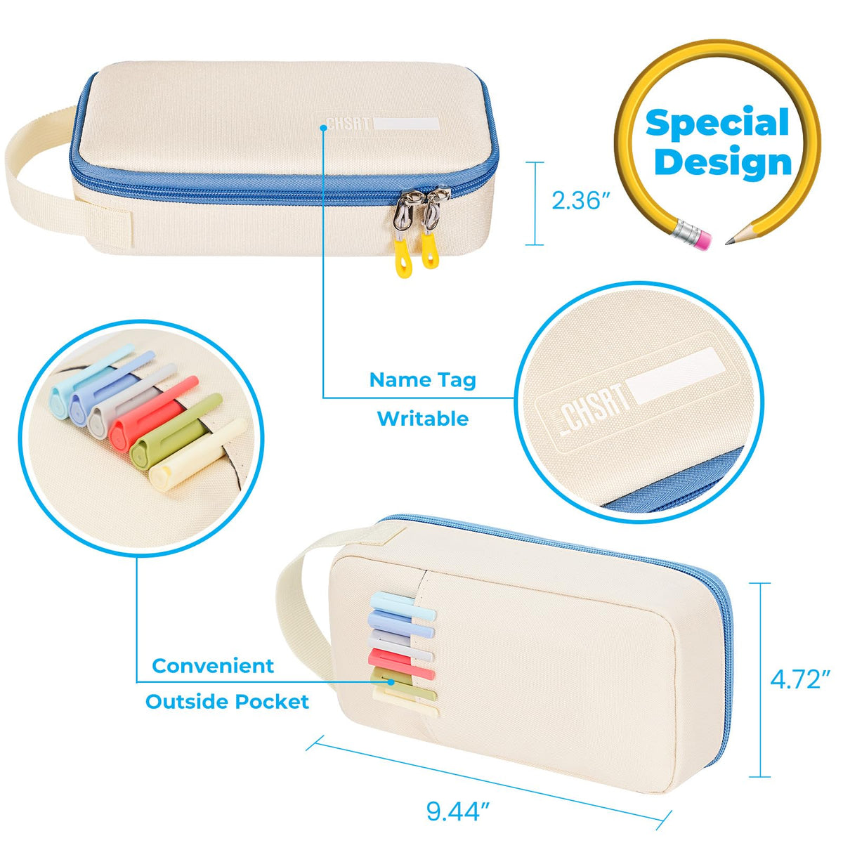 ECHSRT Big Pencil Case, Aesthetic Portable Zipper Pencil Bag with Hidden Pocket, Special Pouch for Men Women Adults, Stationery Organizer Pen Cases for Office Travel,Beige