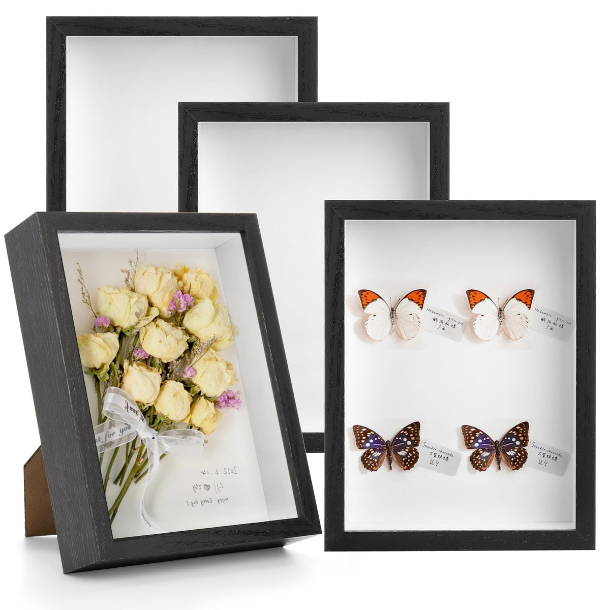 Hacaroa Set of 4 Shadow Box Picture Frame, 8 x 6 Inches Wood Frame Memory Display Case, 1.2 Inch Depth Shadow Boxes for Flowers, Memorabilia, Crafts, Photos, Medals and Tickets, Black