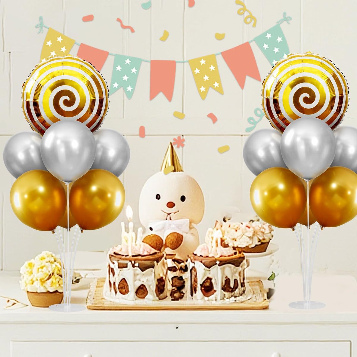 Candyland Party Decorations, Sweet Candy Balloon Stand kit 2 Sets Balloon Centerpieces for Table, Mylar Foil Round Lollipop Balloons for Candy land Birthday Party, Candies Shop, Home Decoration-Gold