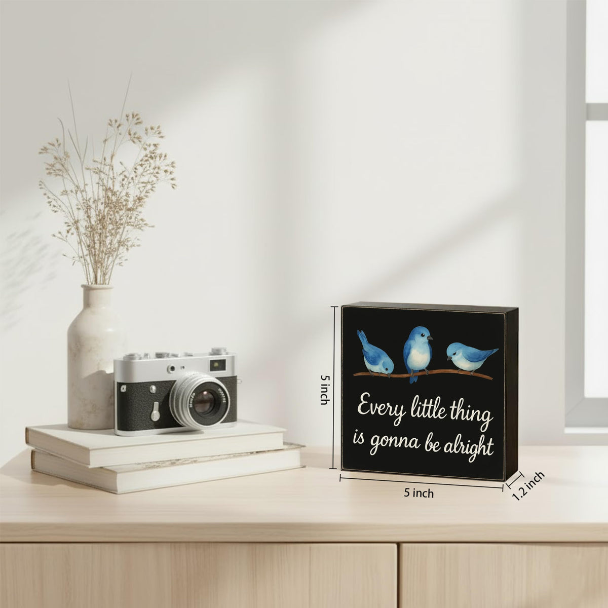 Every Little Thing is Gonna Be Alright Wood Box Sign with 3 Birds, Natural Solid Pine Decor for Tabletop and Shelf, Handmade Inspirational Home and Office Gift, 5x5 Inch(Black)