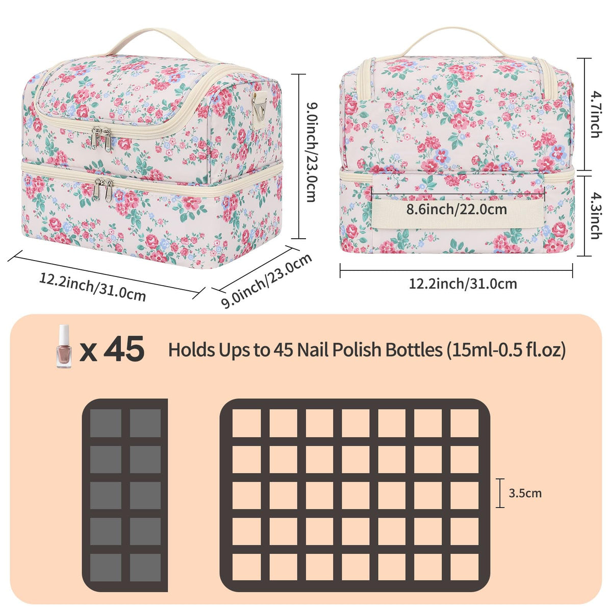 CUBETASTIC Nail Polish Organizer, Nail Supplies Storage Case Holds 45 Bottles Nail Polish & Nail Lamp, Travel Nail Tech Carrying Bag, Nail Kit Bag For Nail Stuff & Manicure Tools
