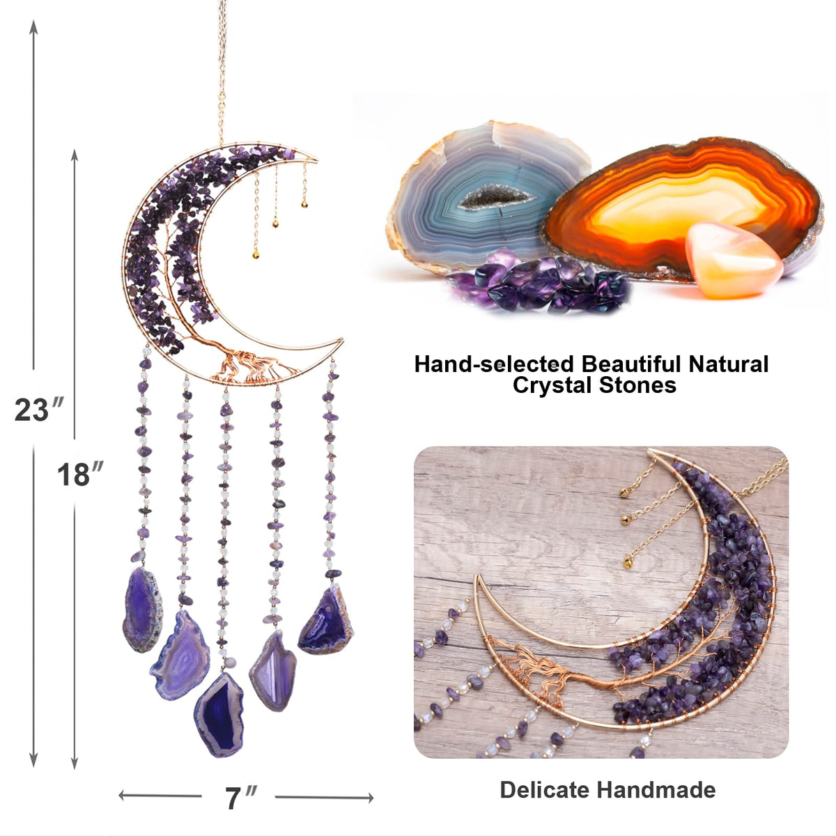 Moon Wind Chimes With Amethyst Tree for Purple Room Aesthetic, Hanging Crystal Decor for Home Wall, Purple Bedroom for Women, Unique Gifts for Women or Teen Girls