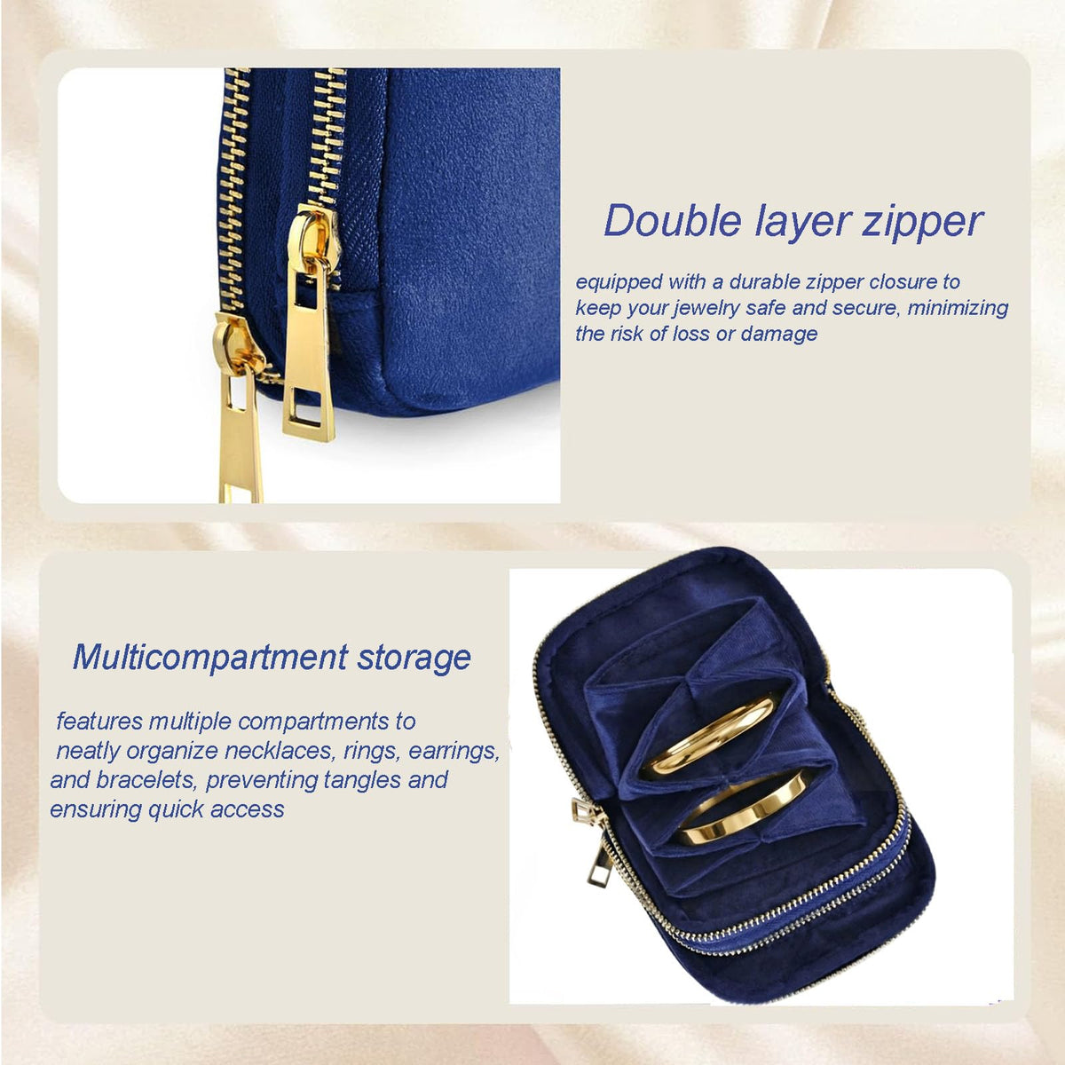 Qonio 2-Layer Travel Jewelry Case Pouch - 11 Pocket Vintage Organizer, Anti-Tangle Small Jewelry Bag for Women Necklaces Earrings Rings,Royal blue