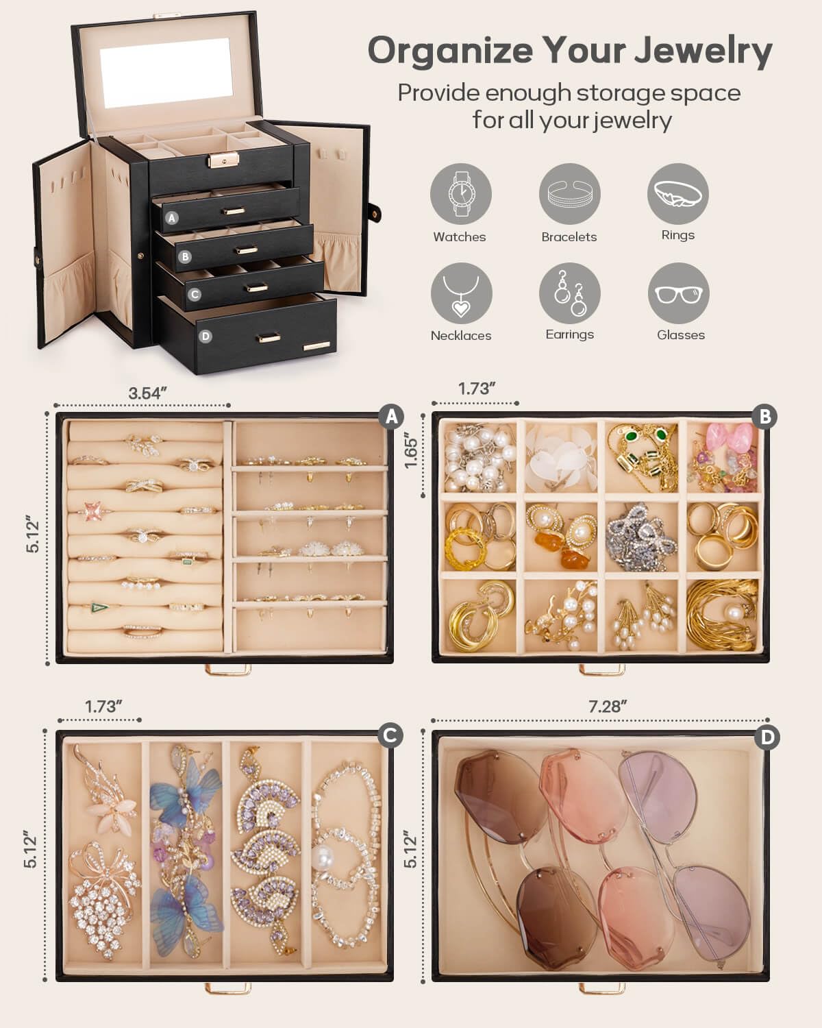 Homde Synthetic Leather Huge Jewelry Box Mirrored Watch Organizer Necklace Ring Earring Storage Lockable Gift Case (Black + Gold)