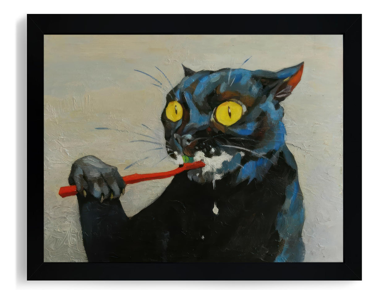 ICHZUMW Funny Black Cat Bathroom Wall Art Decor, Quirky Framed Canvas Print Painting of Cat Brushing Teeth, Humorous Animal Pictures Wall Decoration, Modern Home Artwork, Restroom Powder Room, 8x10in