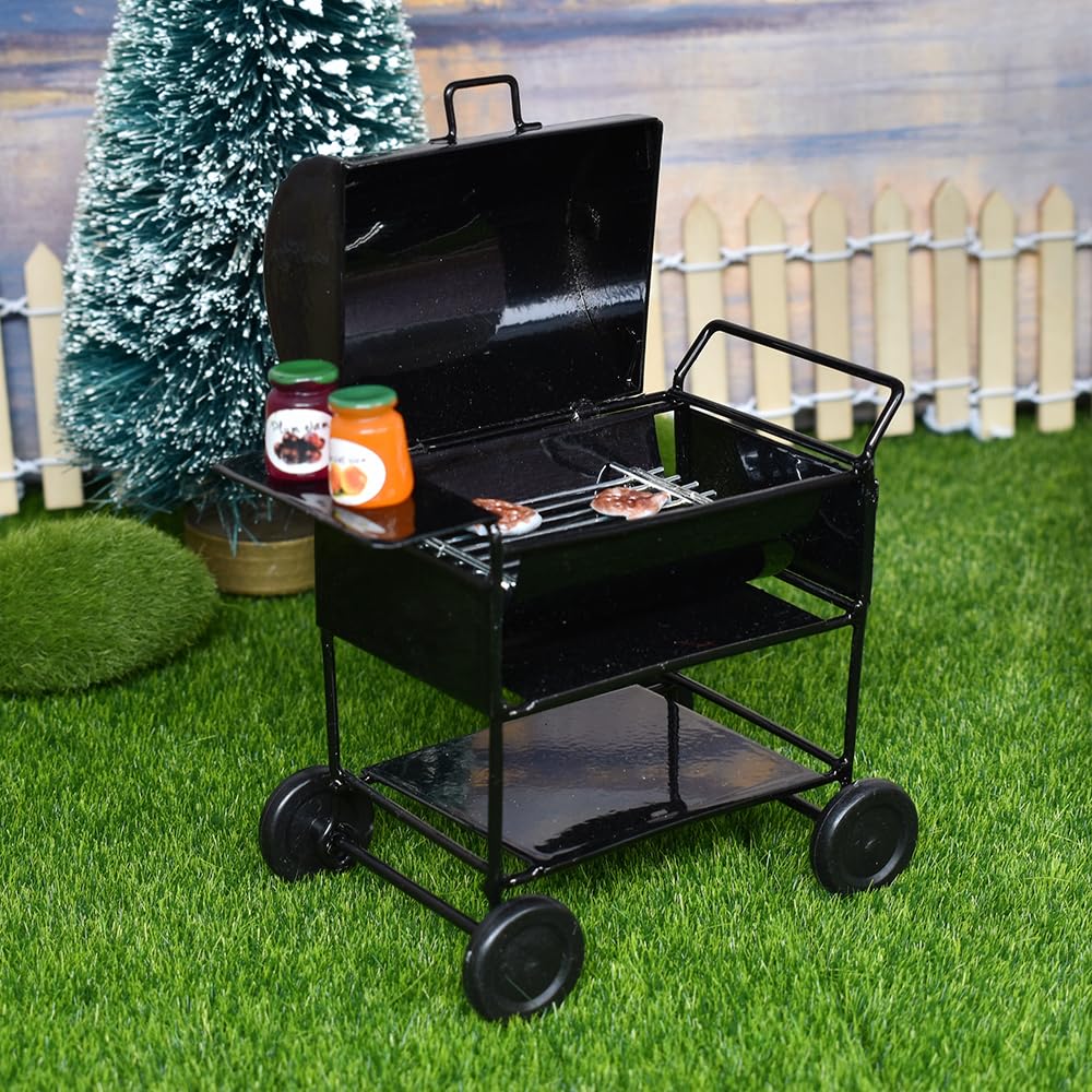iLAND Dollhouse Furniture and Accessories on 1:12 Scale incl Dollhouse Patio Tables & Garden Chairs & BBQ Grill & Mini Bike (Modern 6pcs)
