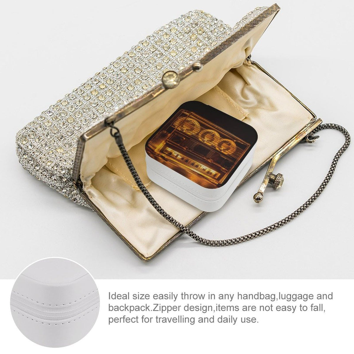 QWJKM Illuminated Audio Tape Jewelry Box for Women Travel Jewelry Case Portable Jewelry Case Organizer Small Leather Jewelry Storage Boxes for Rings Necklaces Bracelet Gift