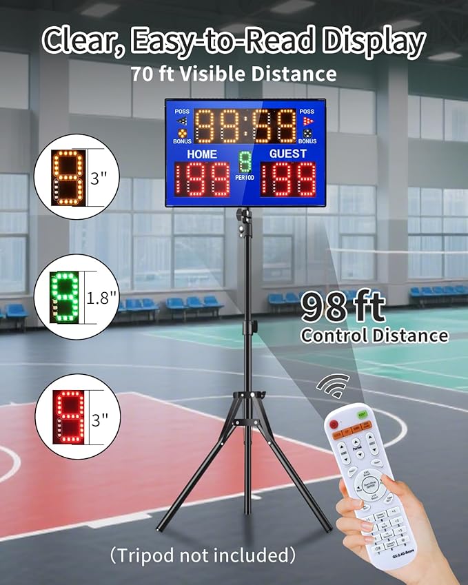Basketball Digital Scoreboard with Remote,Battery Powered Portable Tabletop Electronic Scoreboard with 75dB Buzzer,Countdown Timer & Score for Games