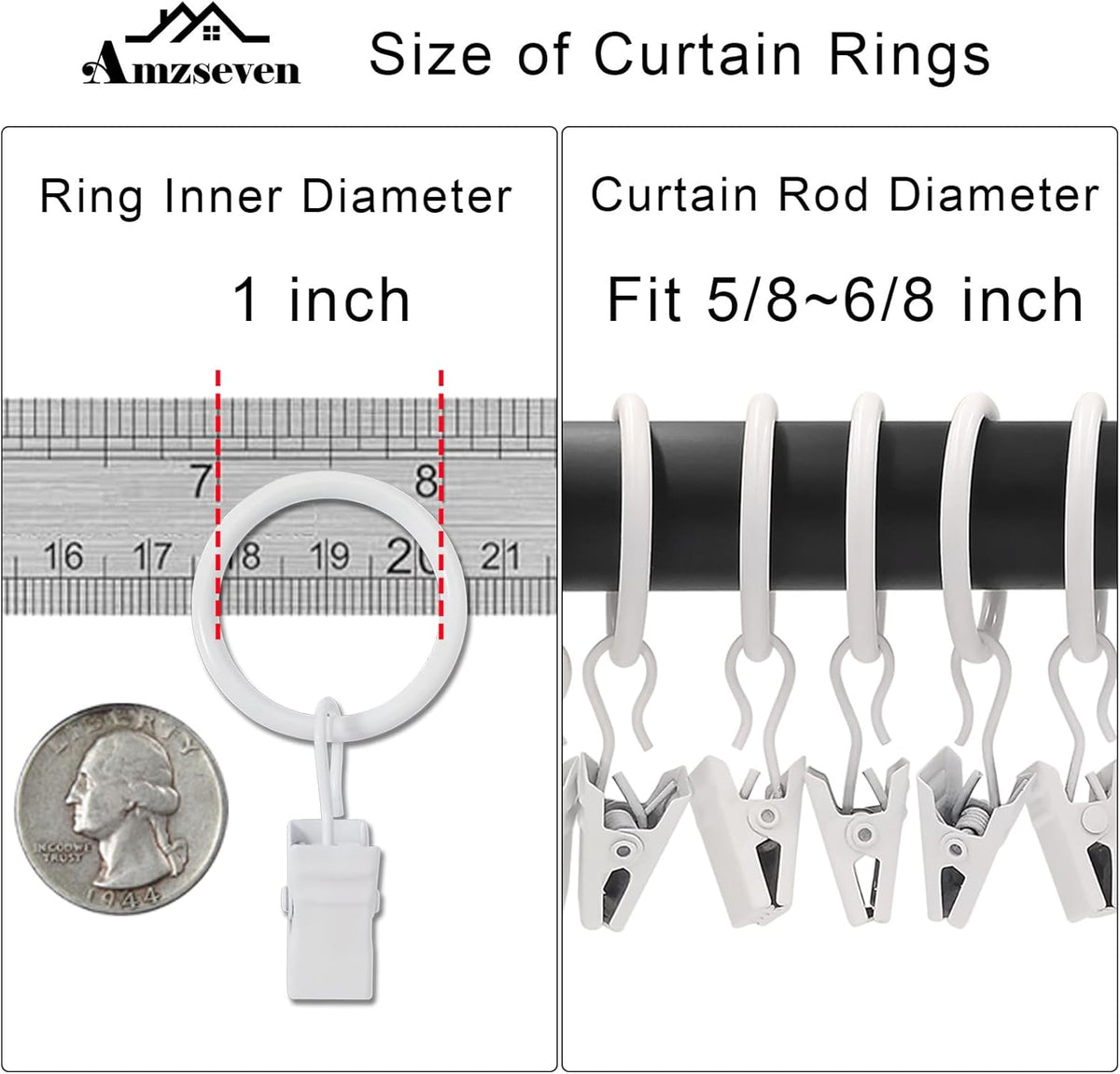 Skiennix 44 Pack Metal Curtain Rings - Durable Drapery Clips with 1 Inch Inner Diameter, White