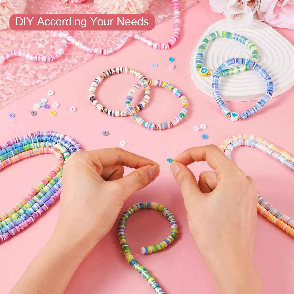 Elecrelive 10 Colors Clay Beads Bracelet Making Kit, 6mm Disc Flat Round Spacer Beads Colorful Pearlized Heishi Chips for Chocker Necklace Earring DIY Crafts