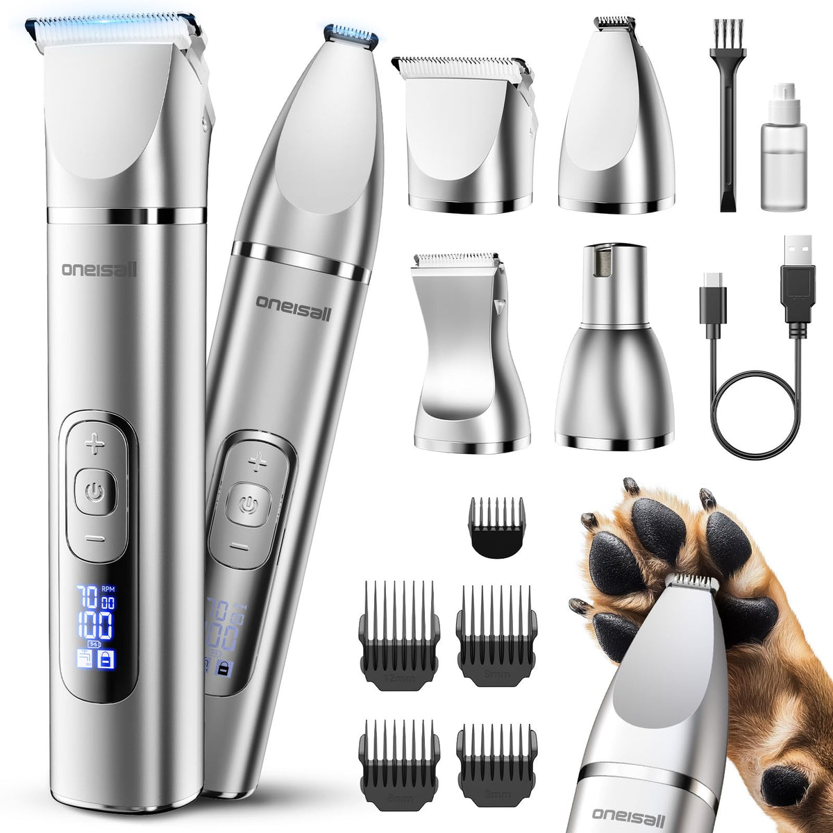 oneisall 4 in 1 Dog Grooming Kit with LCD Display, Dog Hair Trimmer for Paw Nail Grinder, Rechargeable Cordless Low Noise IPX7 Waterproof Pet Clippers