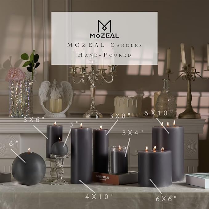 MOZEAL 3" x 6" Hand-Poured Unscented Candle,Dripless Pillar Candle Set of 3,Long Lasting Burning,Approx 120 Hours Burn Time,Rustic Country Style,for Wedding,Dinner,Christmas and Home Decor,Dark Gray