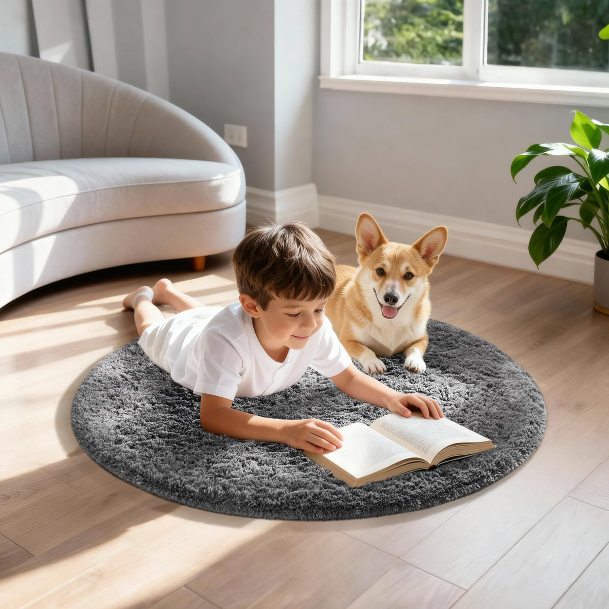 Ophanie Round Rug - 2Ft Grey Circle Area Rug | Fluffy Soft Shaggy Carpet for Kids' Rooms & Nursery