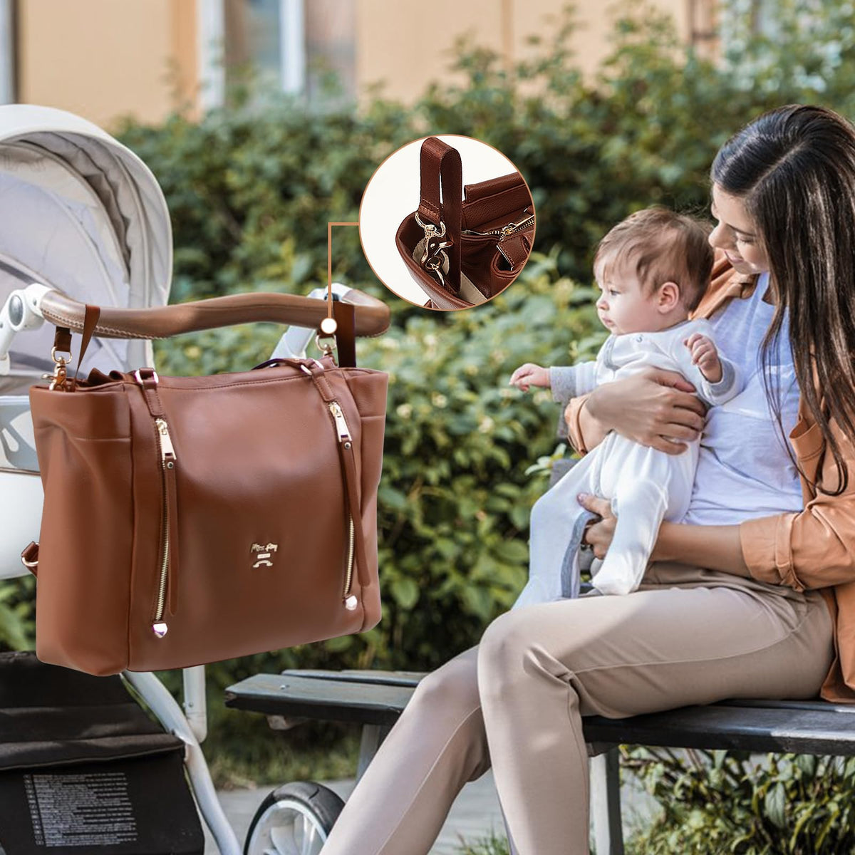 miss fong Diaper Bag Tote Leather Diaper Bag Backpack, Large Capacity Mommy Bag Hospital Bag, 12 Pockets Travel Diaper Tote with Changing Pad Pañaleras Para Bebe for Mom & Dad-Brown