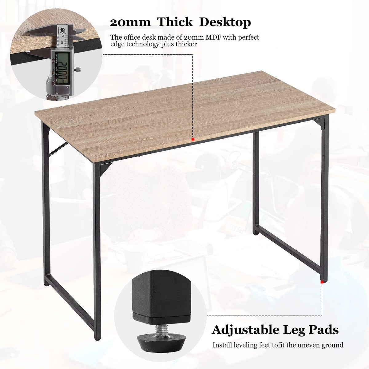 PayLessHere | 39 Inch Computer Desk | Nature | Office Desk with Metal Frame, Adjustable Feet | Water-Resistant, Scratchproof Surface | Sturdy Writing Table for Home Office or Study | Pack of 1