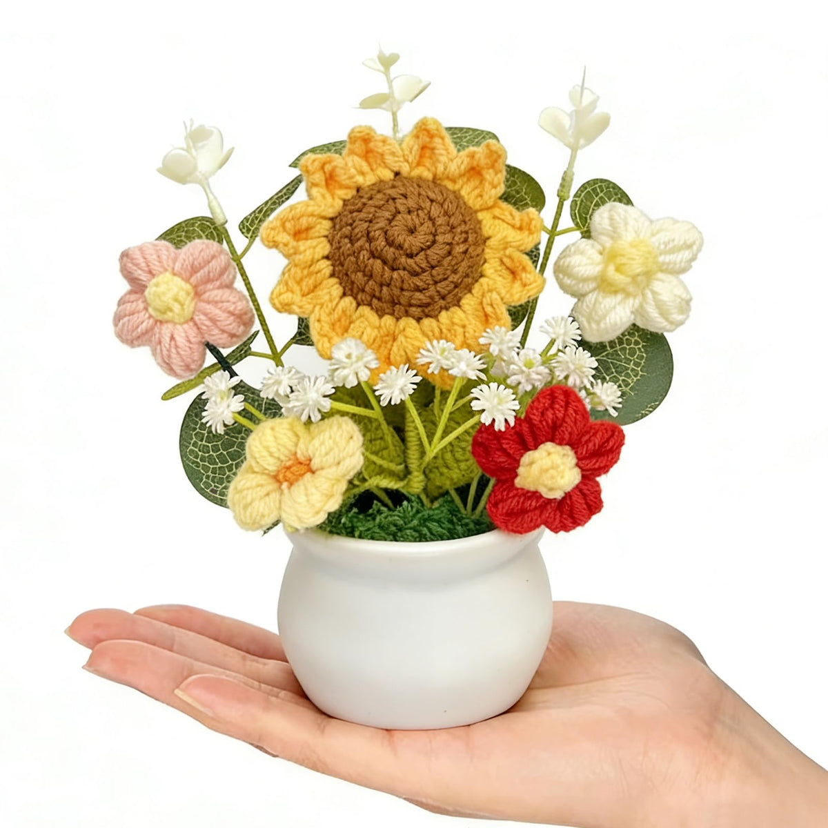 YUNBIAOSEN Handmade Crochet Sunflower Potted Plants Knitted Floral Decor for Office Desk, Car Dashboard, Unique Birthday Gifts for Women, Mom, Teacher (Sunflower Puff, 4 Pack, 7.1 x 2.76 Inches)