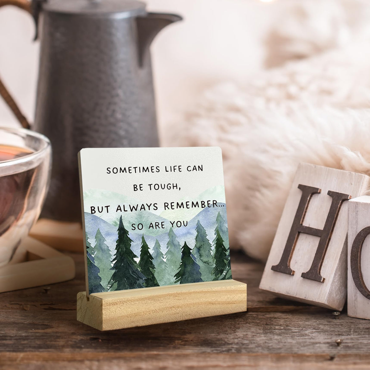 QASHWEY Inspirational Desk Decor, Motivational Desk Decor Forest Tree Wood Table Signs, Inspirational Gifts for Men Women, Sometimes Life Can be Tough Wooden Plaque with Wooden Stand for Home Office