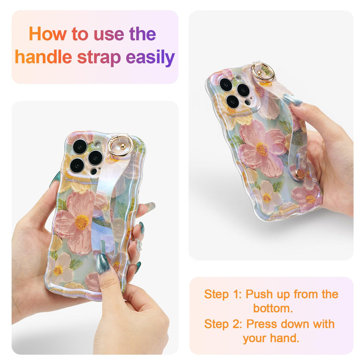 EYZUTAK Case with Hand Strap for iPhone 15 Pro, Colorful Oil Painting Flower Case with Wristband Kickstand Laser Curly Wave Edge Stylish Durable TPU Protective Cover for Women - Green