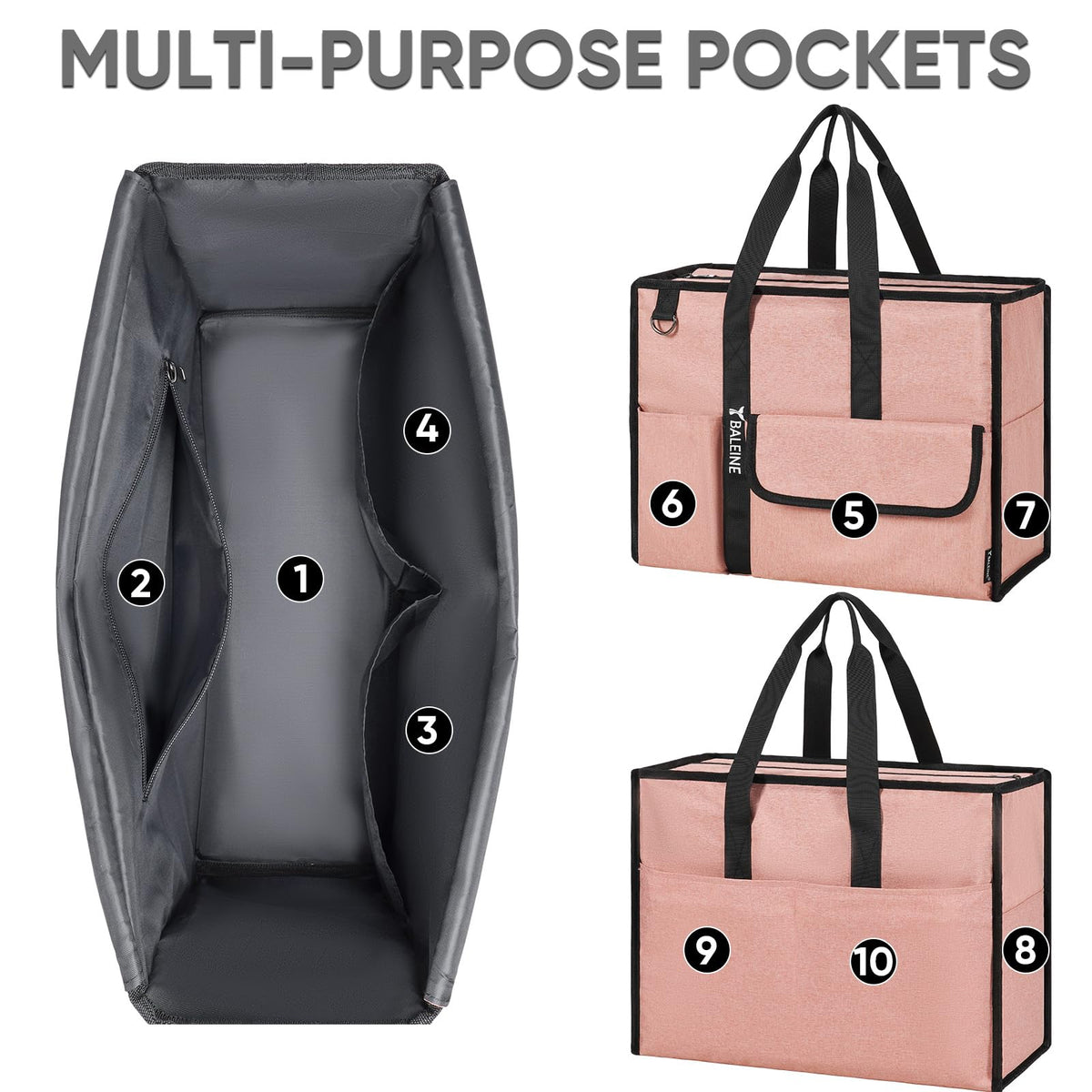 BALEINE Large Utility Tote Bag with Reinforced Bottom, Multi-Pockets and Top Zipper Closure, Perfect for Teachers, Nurses, Travel, Work - Water-Resistant (Large, Black)