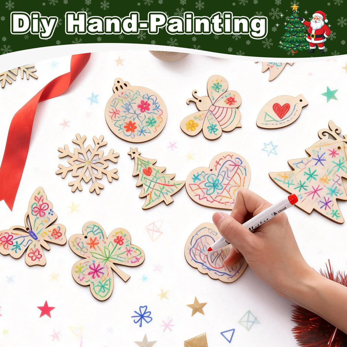 MECCANIXITY 24Pcs Wooden Christmas Tree Ornaments to Paint, 4" x 4" DIY Blank Unfinished Wood Homemade Ornament with Rope for Art Crafts DIY Thanksgiving Halloween Birthday Gifts