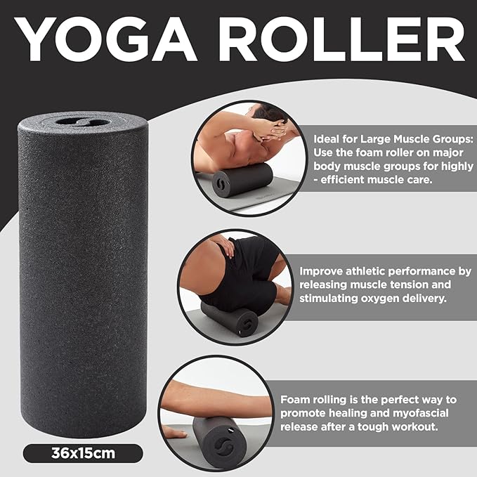 5 in 1 Foam Roller Set with Peanut Massage Ball, Curved Muscle Brush - Yoga Roller, Massage Ball, Trigger Point Triangle for Deep Tissue Relief (Black)