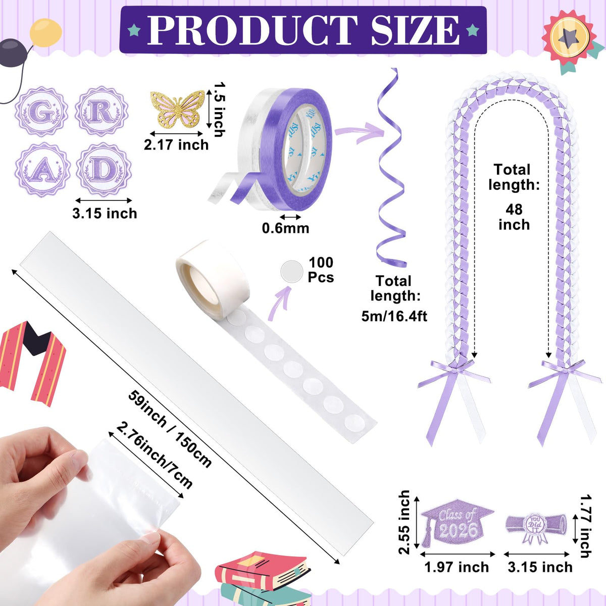 Spakon 19 Pcs Graduation Leis 2026 Graduation Candy Lei Kit Class of 2026 Ribbon Double Lei Necklace Party Accessories(Purple)