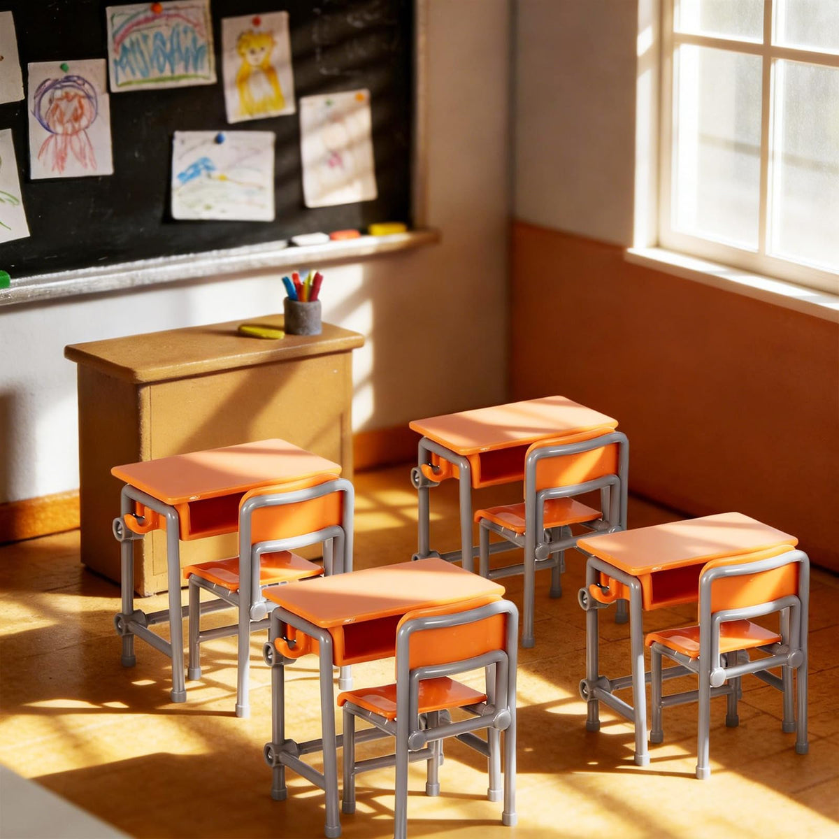 Toddmomy Miniature Plastic Classroom Desk and Chair 4-Set, Realistic Dollhouse School Furniture Accessories for Diorama Decor
