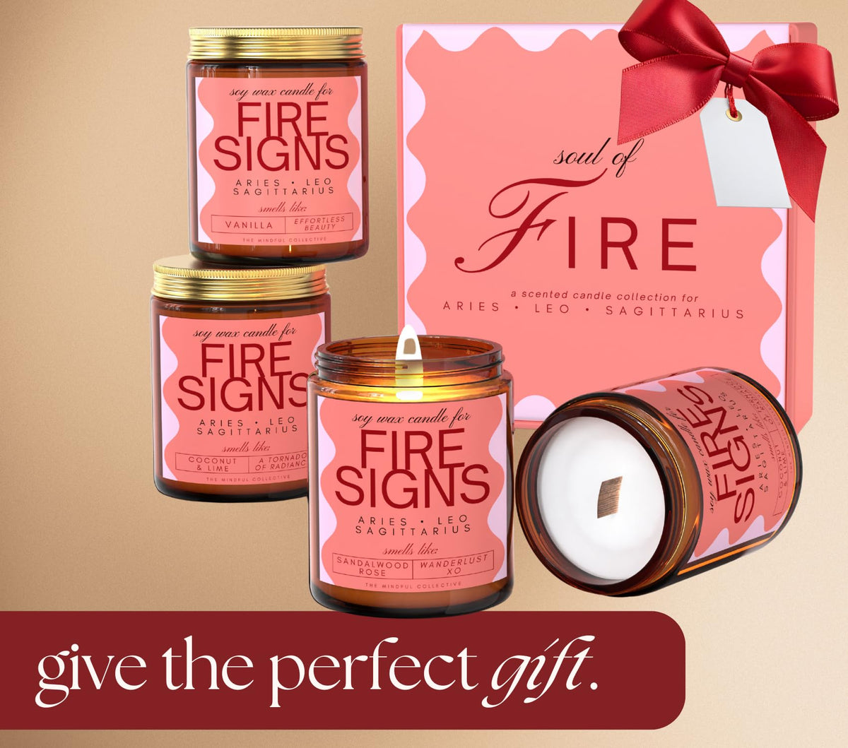 Aries, Leo, Sagittarius Gifts for Women - Wood Wick Candles, 4 Pack Small Scented Candles Set for Women. 6oz Natural Soy Wax, Aromatherapy Set for Home. Zodiac Astrology Birthday Spiritual Gifts