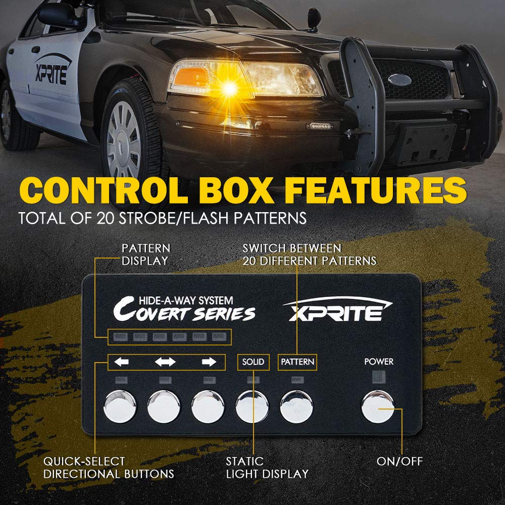 Xprite Amber LED Hideaway Strobe Lights Kit 20 Flashing Patterns w/Control Panel Headlights Taillights Fog Marker Light Mounting, for Roadside Emergency Vehicles Trucks SUV Vans 12V Cars 6 PCs