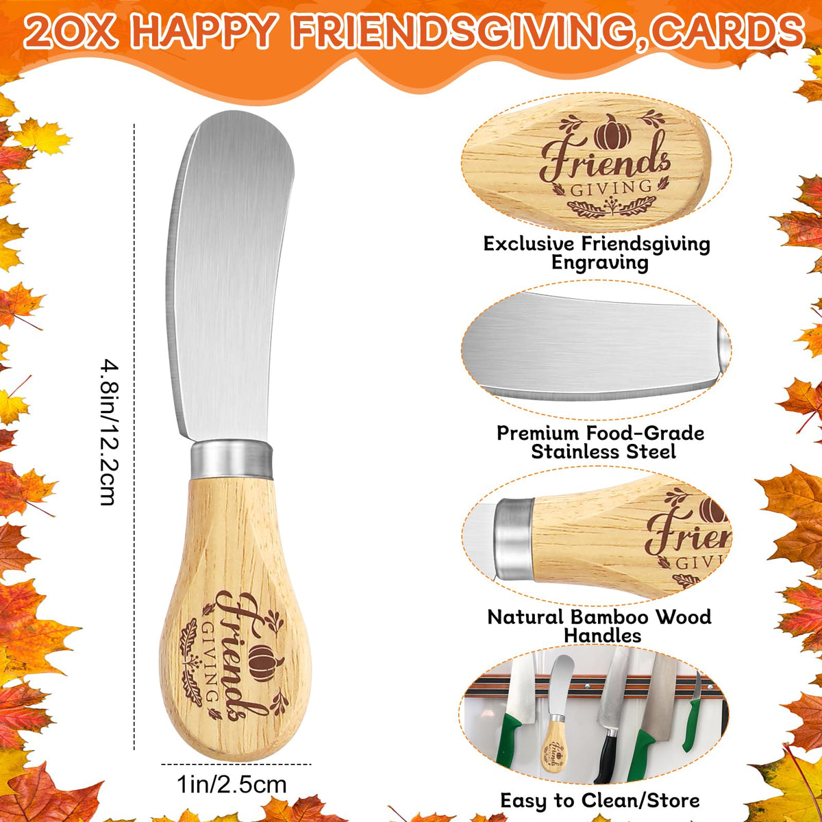 ERTIUANIO 20 Sets Friendsgiving Party Favors Bulk, Thanksgiving Fall Gifts for Friends, Stainless Steel Butter Knife with Wood Handle With Thank You Card Organza Bag, Friendsgiving Party Supplies