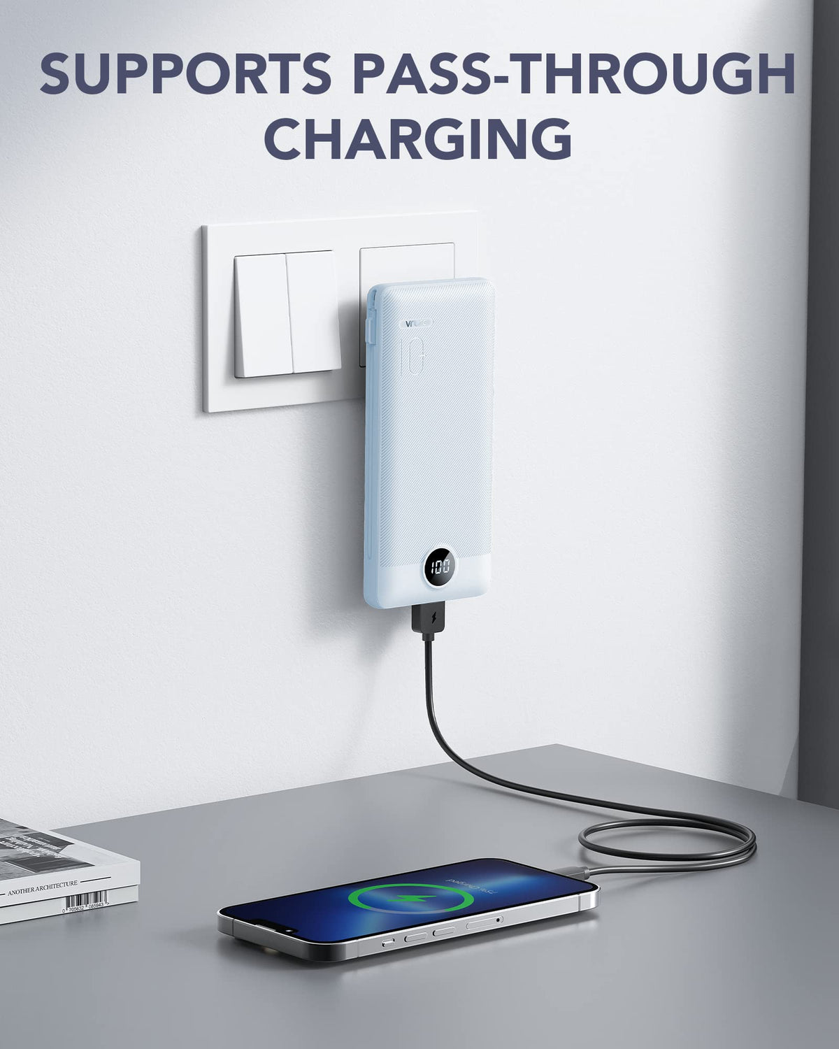 VRURC Portable Charger Built-in Cables and AC Wall Plug, USB C Power Bank 10000mAh, Travel Essentials Phone Charger Compact Lightweight External Battery Pack for Smart Phones, Tablets etc-Blue