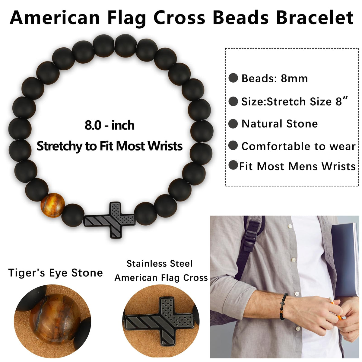 Gnamy Cross Bracelet for Dad Gifts from Son Daughter, To My Dad American Flag Beaded Bracelets Valentines Fathers Birthday Christian Jewelry Gifts Presents for Daddy Papa Father Him