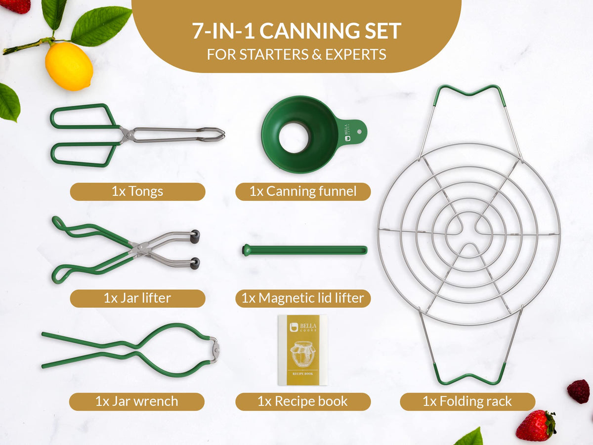 𝐁𝐞𝐥𝐥𝐚 𝐂𝐨𝐨𝐤𝐬 Canning Supplies 7 in 1 – Canning Starter Kit with Funnel, Rack, Jar Lifter, Tongs, Wrench & More Essential Canning Equipment for Water Bath & Pressure Canners