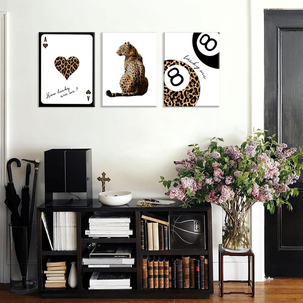 Trendy Leopard Wall Art Set of 3 Cheetah Print Canvas Wall Decor Lucky 8 Ball Paintings Posters Prints Preppy Room Aesthetic Pictures Artwork for Living Room Bedroom Apartment Dorm 12x16inch Framed