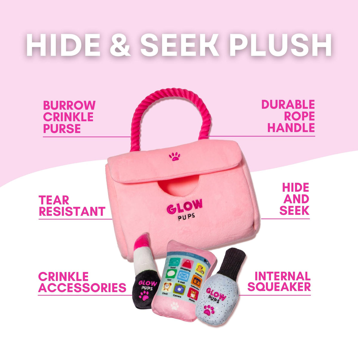 Glow Pups "Fashion Forward Walking Bundle: Pink Designer-Style Plush Purse Dog Toy Set (Includes Paw-Phone, Lipstick, Nail Polish) + Matching Light Pink Hands-Free Rope Dog Leash (5-Piece Set)