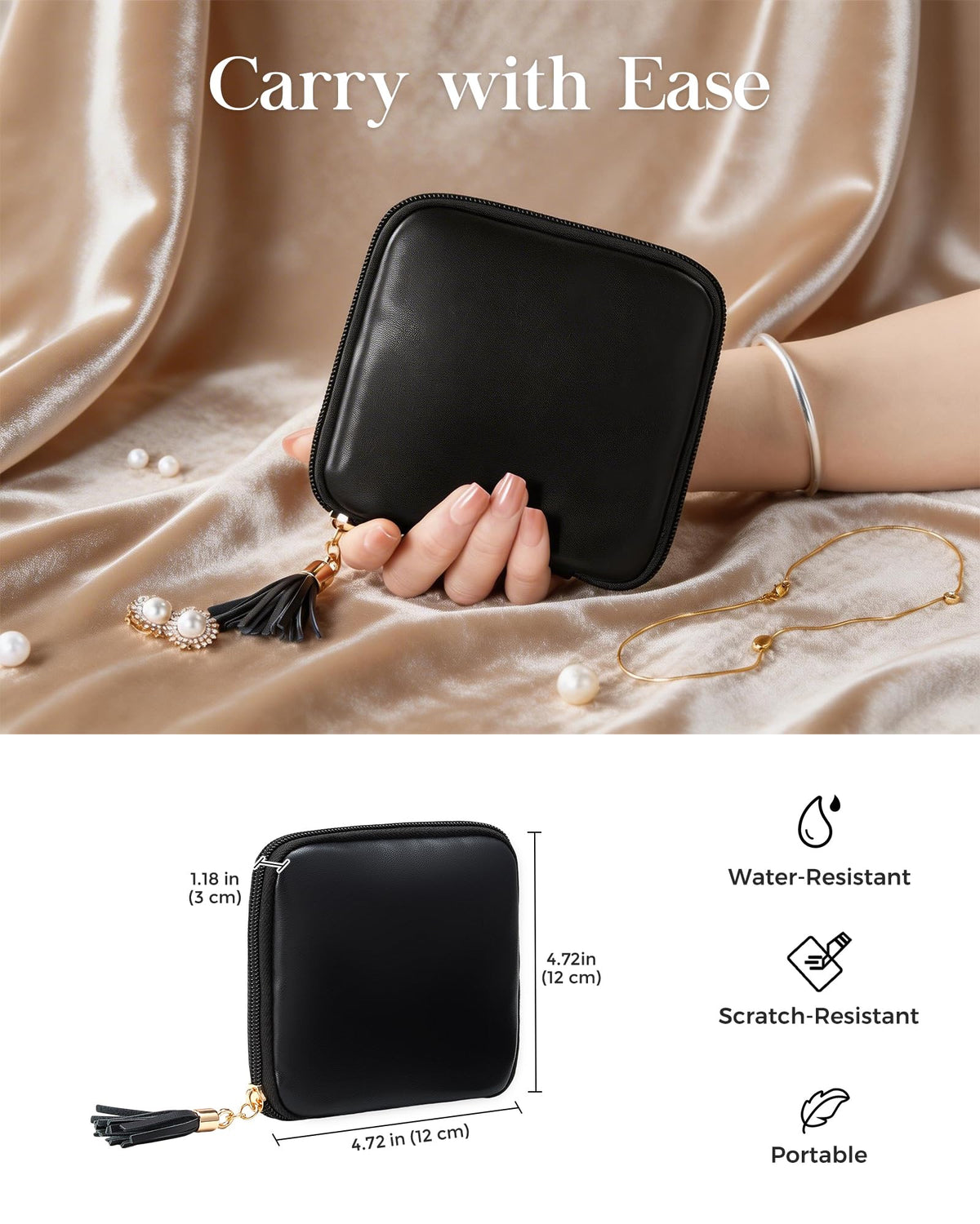 Lolalet Travel Jewelry Case Organizer, Small Jewellery Pouch with Compartments for Storage, Soft Velvet Bag for Traveling Women, Full-Zip Packing for Necklaces, Earrings, Bracelets -Black