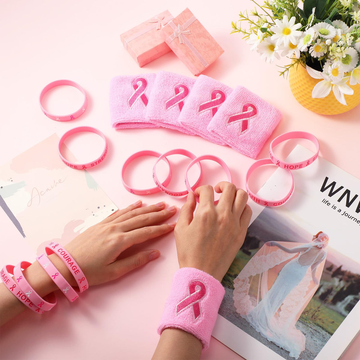 Wettarn 48 Pcs Breast Cancer Awareness Wristbands Silicone Pink Ribbon Cuffs Bulk Wrist Bands Football Inspiring Pink Sweatbands Awareness Gifts for Women Gym Athletic Sports Athletic Party Favors