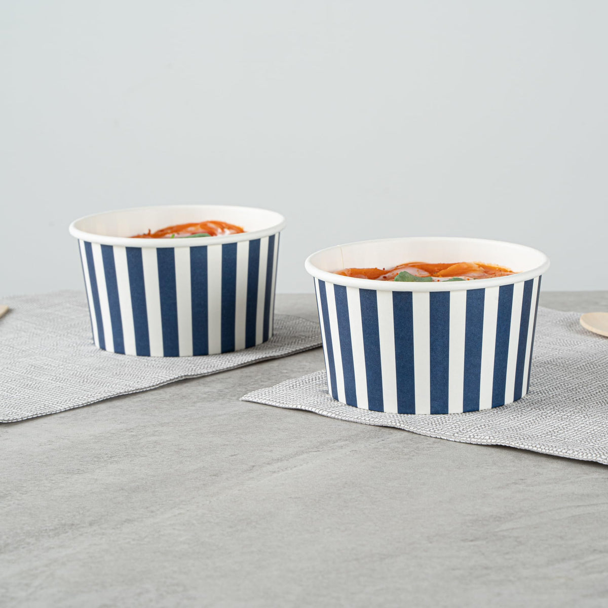 Restaurantware Coppetta 8 Ounce Dessert Cups, 200 Disposable Ice Cream Cups - Lids Sold Separately, Sturdy, Blue And White Paper FroYo Bowls, Striped, For Hot And Cold Foods, Perfect For Gelato