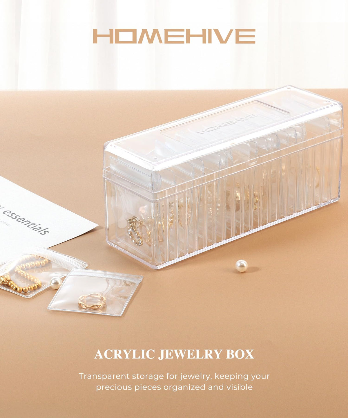 HOMEHIVE Acrylic Jewelry Box Organizer, Clear Jewelry Organizer and Storage with 20 Portable Anti Tarnish Jewelry bags, Travel Jewelry Case for Earrings/Rings/Necklaces Gifts for Women Girls, Clear